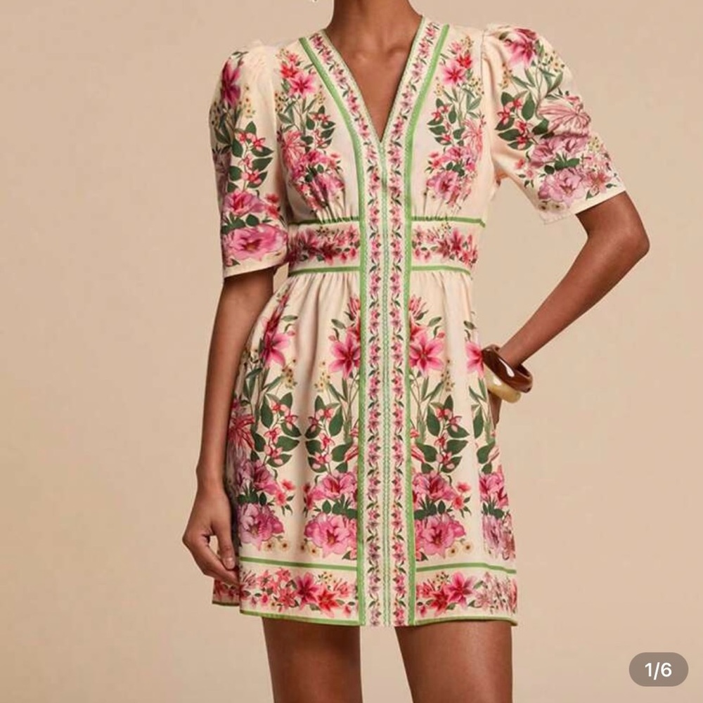 Elegant Pink and Green Puff Sleeve V-Neck Mini Dress